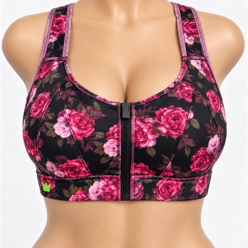 SHEFIT Ultimate Sports Bra 4Luxe Black Pink Floral High Impact Front Zip